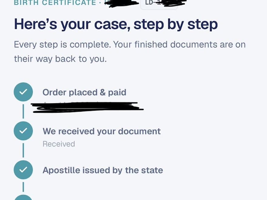 The LuroDocs case tracker showing every step of a birth certificate apostille completed.
